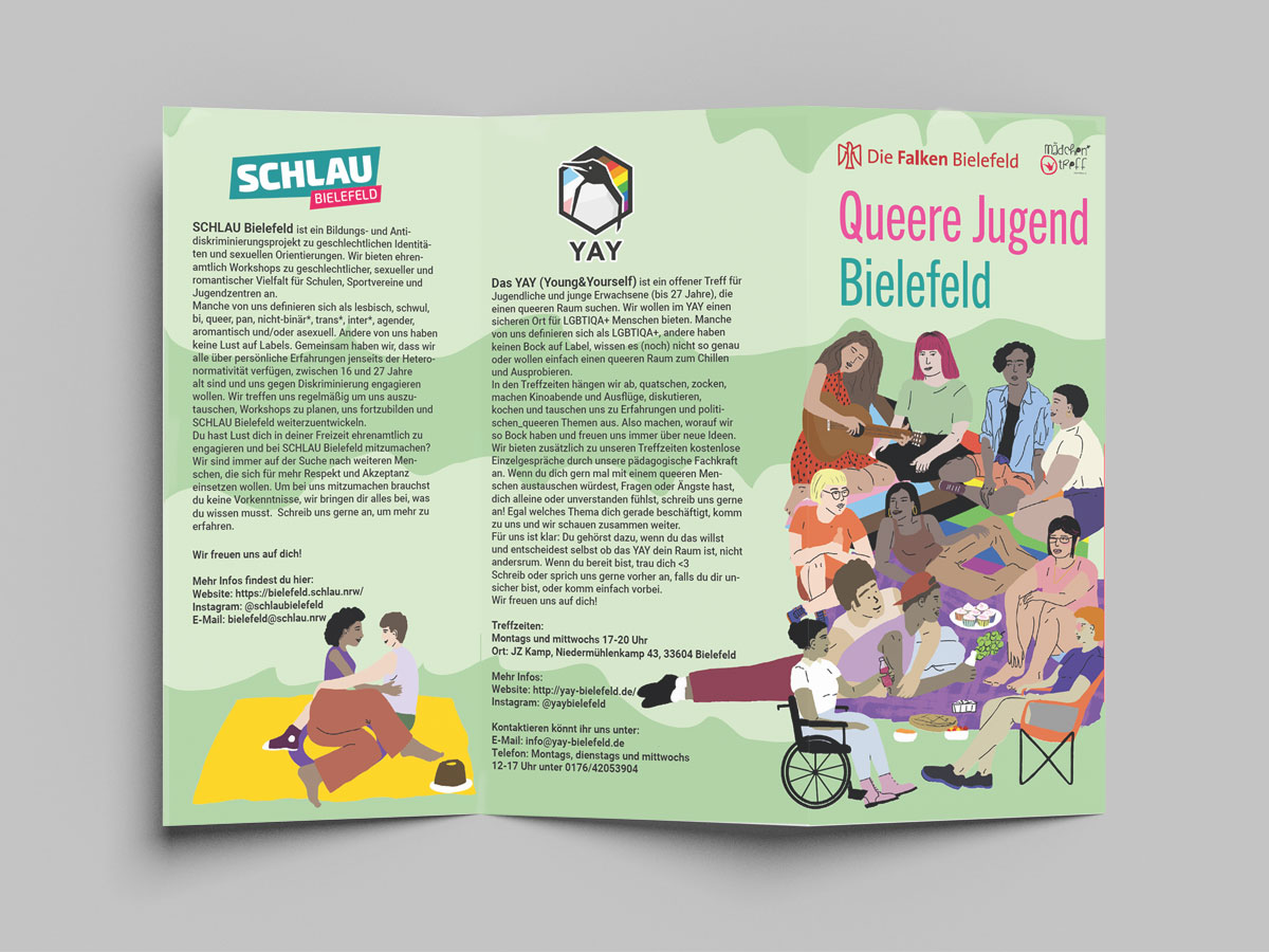 Das Bild zeigt einen illustrierten Flyer mit einer Gruppe junger Leute, die im Grünen picknickt gestaltet von Strahlenkatzen Studio für Grafikdesign in Köln